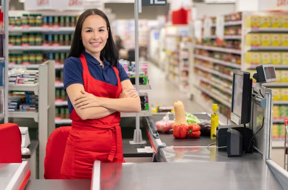 joven cajera trabajando en supermercado